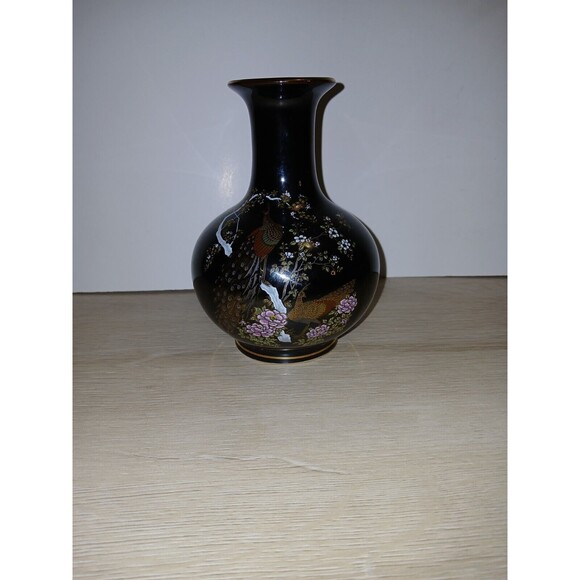 OMC Vase Japan Handpainted Peacocks with Gold Rim 6×4 Diameter 5×14 Vintage - Picture 1 of 14